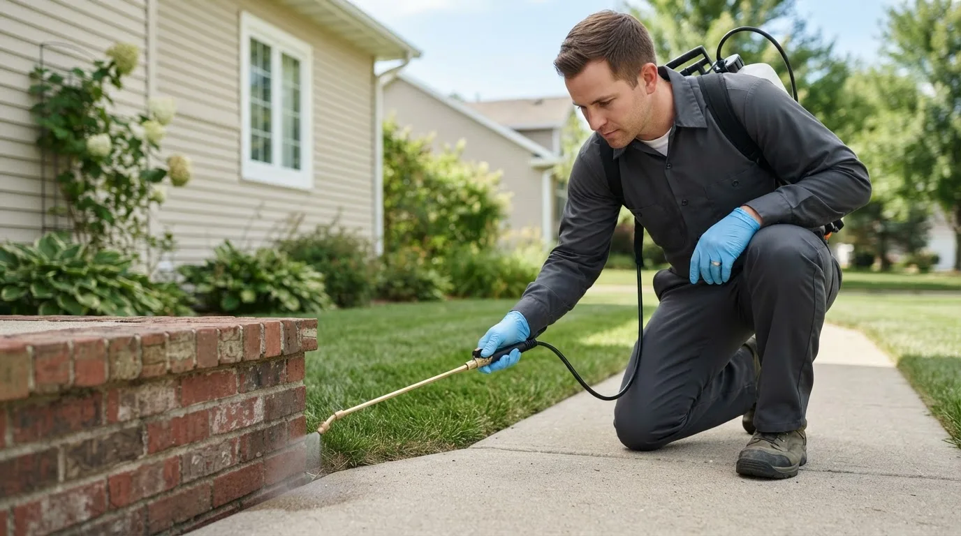Pest control technician treating a home near East Hartland, CT